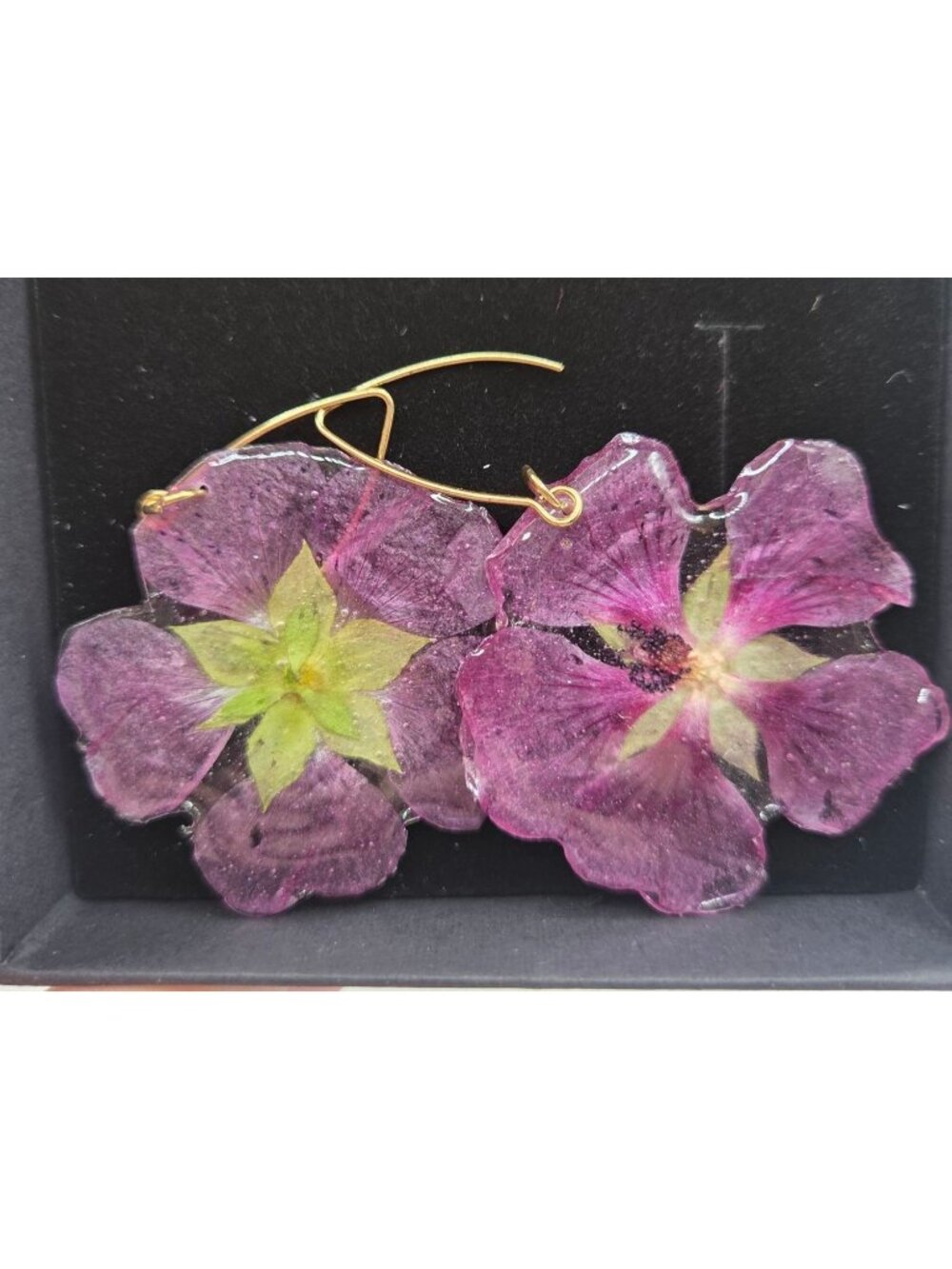 Pressed Pink Flower Resin Drop Earrings With Gold Hooks
